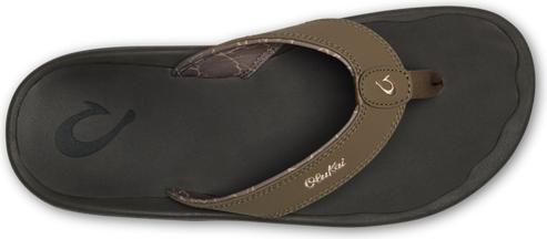 Top view of a flip flop with a dark sole and brown strap.
