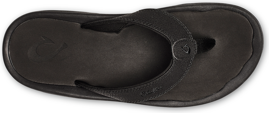 A black leather flip-flop with a dark sole.