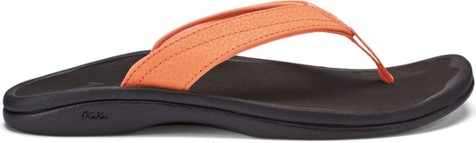 A sandal with a black sole and orange strap.