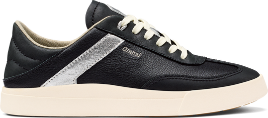A black leather sneaker with white laces and a thick white sole.