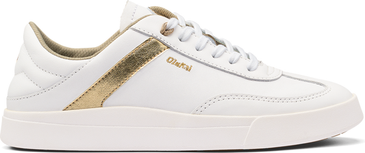 White low-top sneaker with gold stripe.