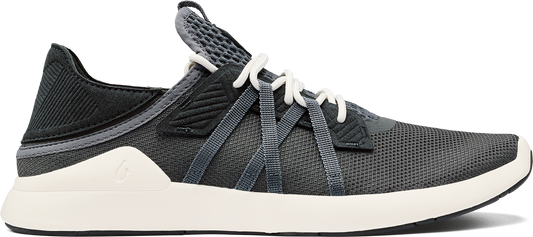 Charcoal-grey knit running shoe with white sole and laces.