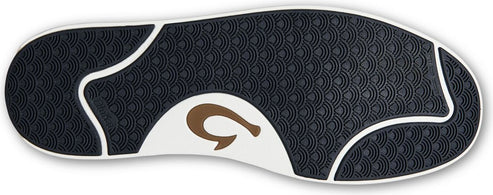 Shoe sole with dark tread and brand logo.