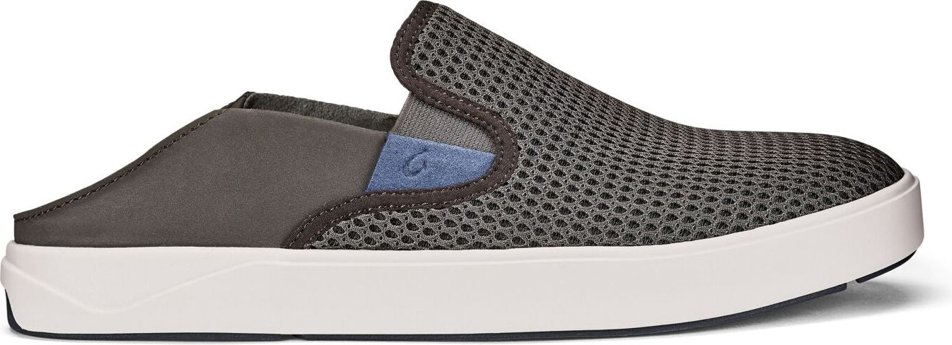 A gray mesh upper slip-on shoe with a gray leather heel and a white sole.