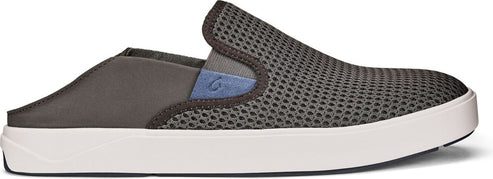 A gray mesh upper slip-on shoe with a gray leather heel and a white sole.