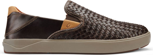 Brown woven leather slip-on shoe with tan sole and tan heel.