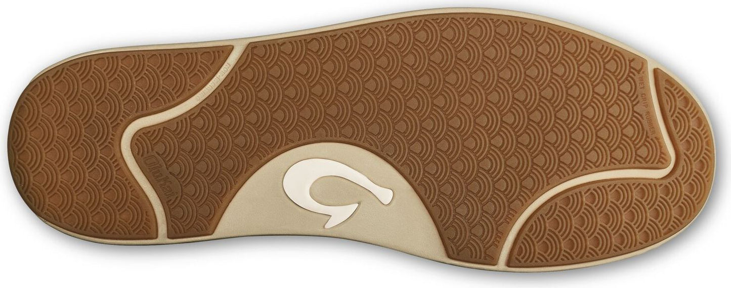 Bottom view of a shoe sole with tan and brown concentric circle tread.