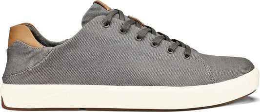 Gray canvas sneaker with brown accents and white sole.