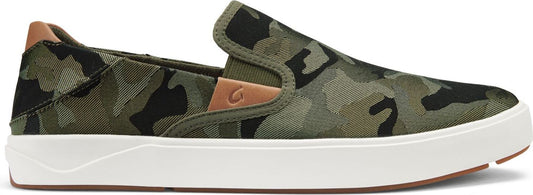 Slip-on shoe with a camo design and a white sole.
