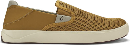 A slip-on shoe with a mesh front and tan accents on a cream sole.