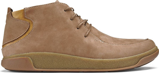 A tan-colored lace-up boot with a suede-like finish.