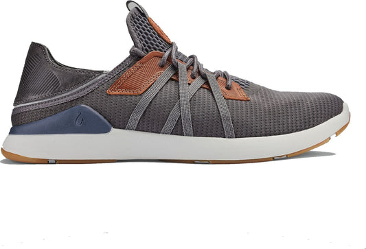 A gray sneaker with laces and a white sole.