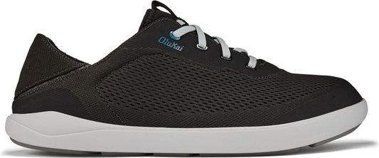 A low-top sneaker with dark mesh and white laces.
