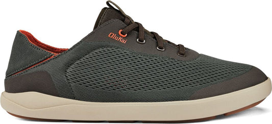 A low top olive colored shoe with a lace up closure and a light tan sole.