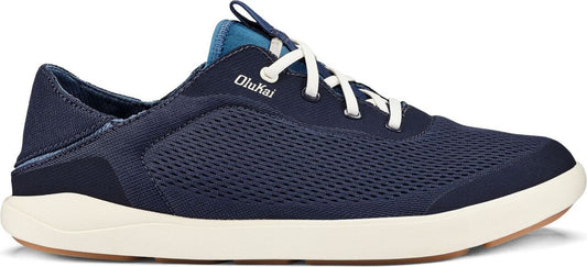 Navy blue mesh lace up shoe with a cream colored sole.