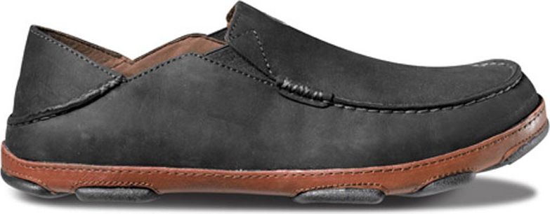 Black slip-on shoe with brown sole.