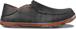 Black slip-on shoe with brown sole.
