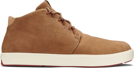 Tan-colored high-top shoe with a white sole.