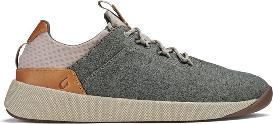 A heathered gray low-rise sneaker with brown accents, with matching laces and a cream-colored treaded sole.