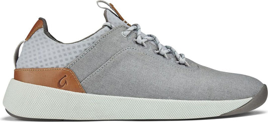 Gray casual shoe with white sole and brown accents.