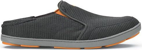 A gray woven shoe with a gray sole and orange accents.
