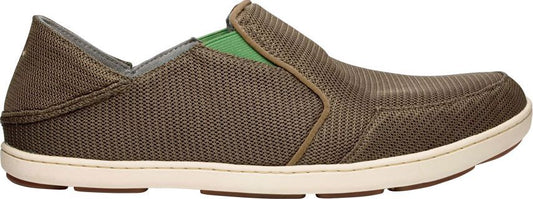 A brown slip-on shoe with a white sole.
