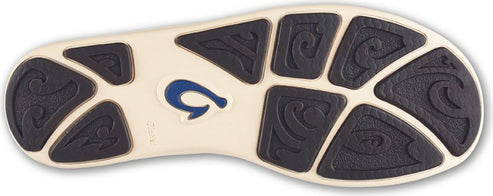 Bottom view of a shoe with cream-colored base and dark brown decorative treads.