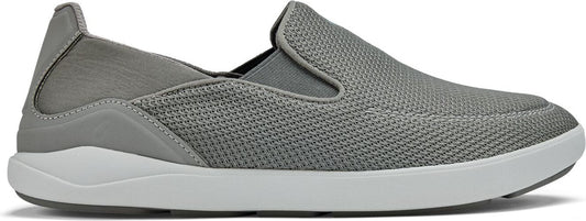 A gray slip-on shoe with a white sole.