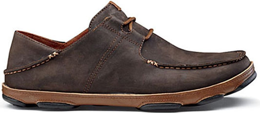 A brown leather moccasin shoe with laces.