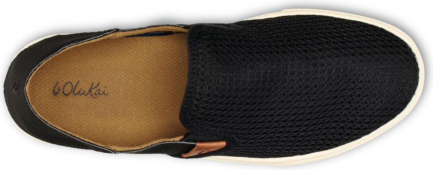 Black slip-on shoe with a tan insole.