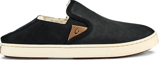 Black slip-on shoe with off-white sole and brown accent.