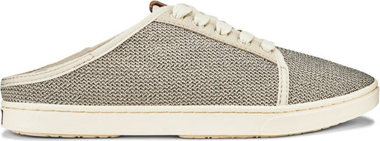 Slip-on sneaker with woven upper, white laces, and rubber sole.