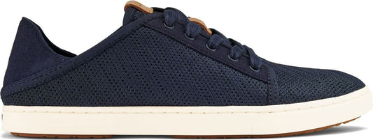 A low-profile navy blue sneaker with a white sole and brown accents.