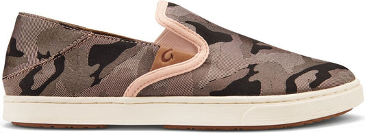 A slip-on shoe with a camo print upper and a cream-colored sole.