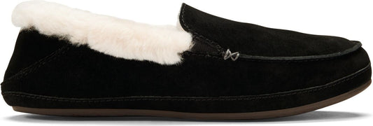 Black suede loafer slipper with white faux fur trim.