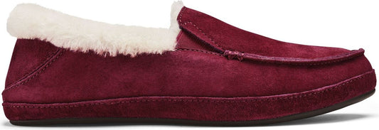 burgundy suede slipper with white faux fur lining