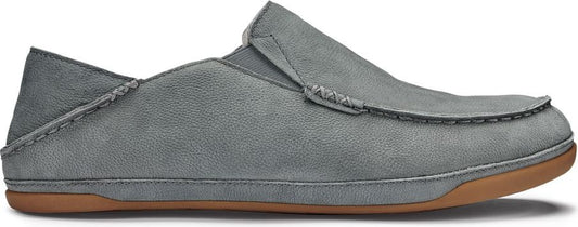 A gray slip-on shoe with a brown sole.