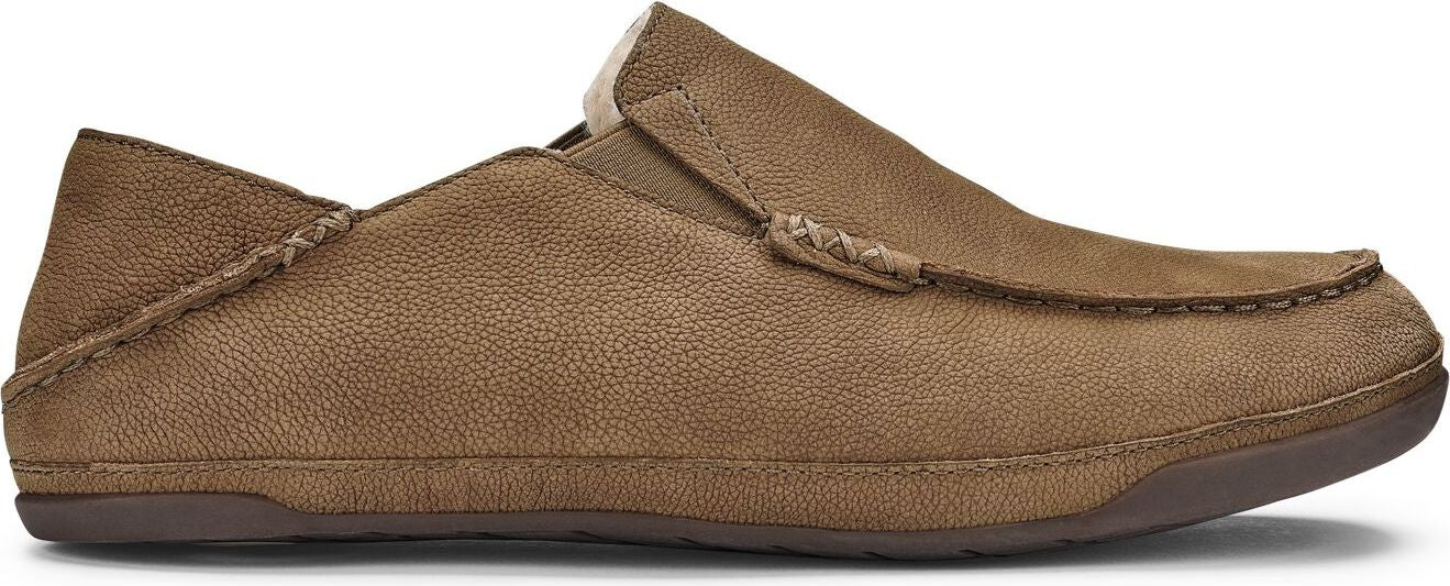 A brown slip-on loafer shoe.