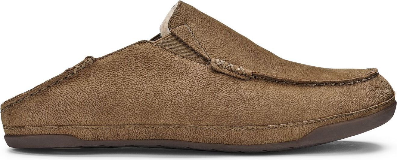 A brown leather slipper with a moccasin toe.