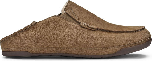 A brown leather slipper with a moccasin toe.