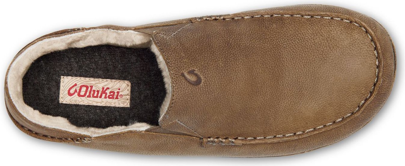 top-down view of a brown leather slipper with light-colored stitching and a visible logo tag
