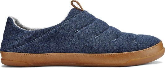 Blue puffy slip-on shoe with brown sole and heel tab.