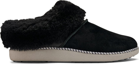 Black slipper with faux fur trim and a light-colored sole.