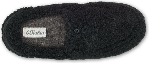 Black slipper with a gray insole and a logo on the insole.