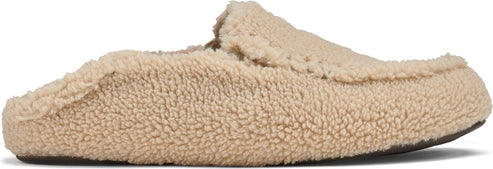 A beige slipper with a plush, shearling-like texture.