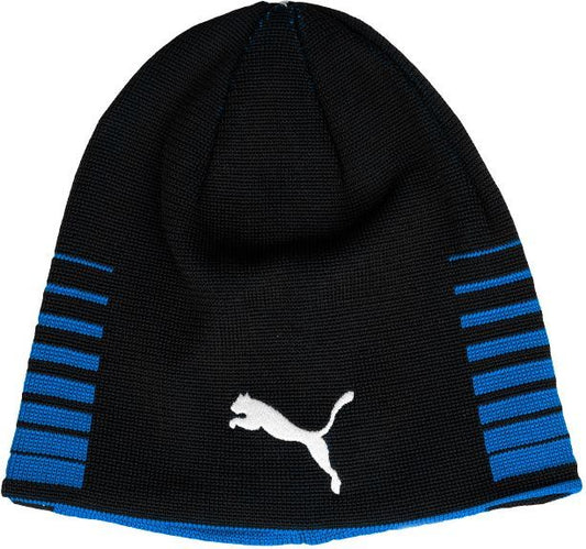 Black beanie with blue stripes and white puma logo.