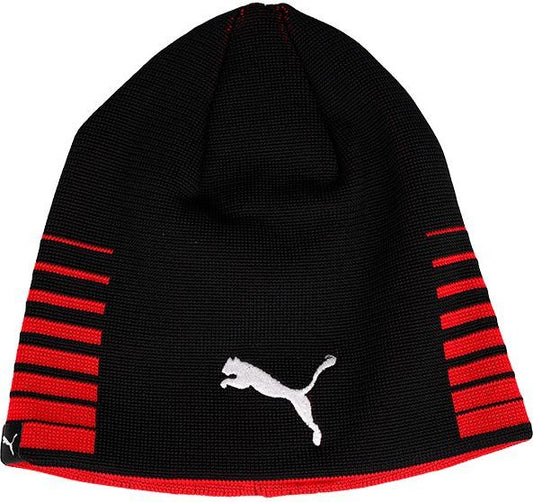 Black beanie with red stripes and a white jumping animal logo.