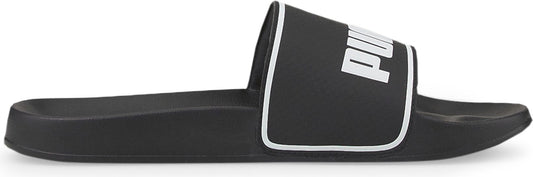 A black slide sandal with white logo on the strap and white trim.