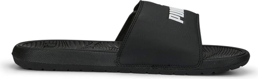 A black slide sandal with white text on the strap.