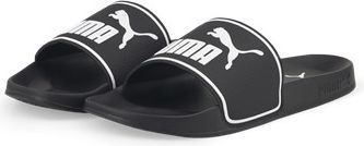 A pair of black slide sandals with white logo.